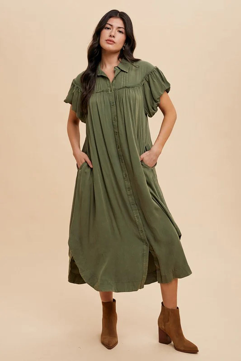 Annie Wear Stylish Mineral Washed Puff Sleeve Shirt Dress - The Perfect Blend of Comfort and Chic