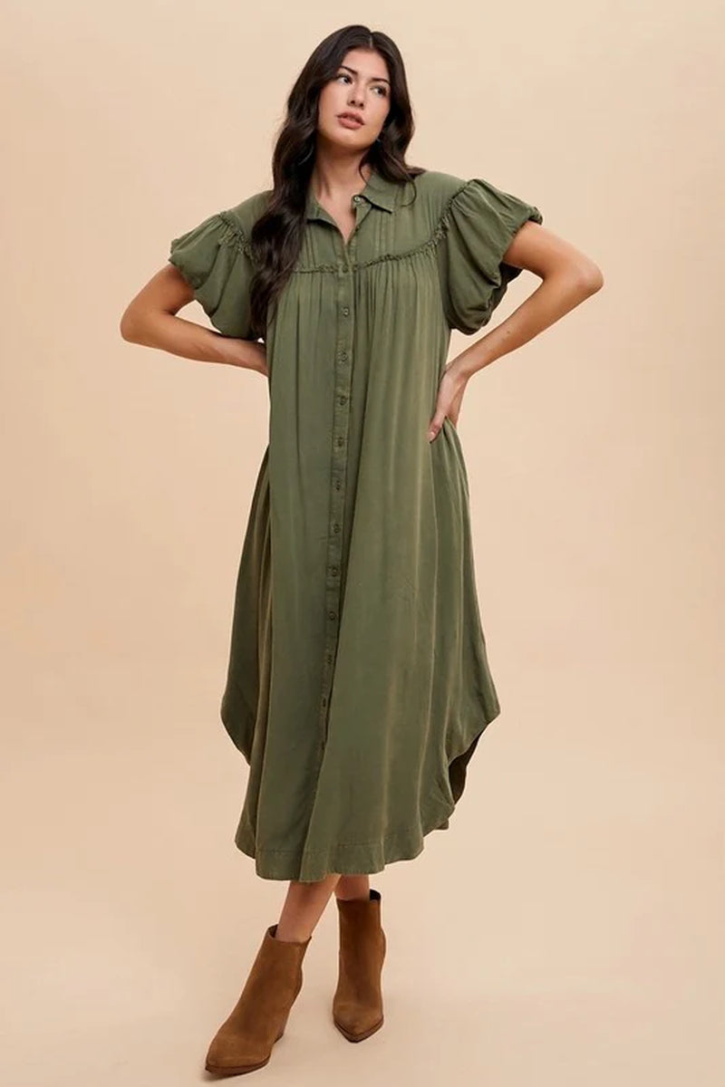 Annie Wear Stylish Mineral Washed Puff Sleeve Shirt Dress - The Perfect Blend of Comfort and Chic