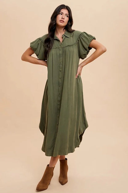 Annie Wear Stylish Mineral Washed Puff Sleeve Shirt Dress - The Perfect Blend of Comfort and Chic