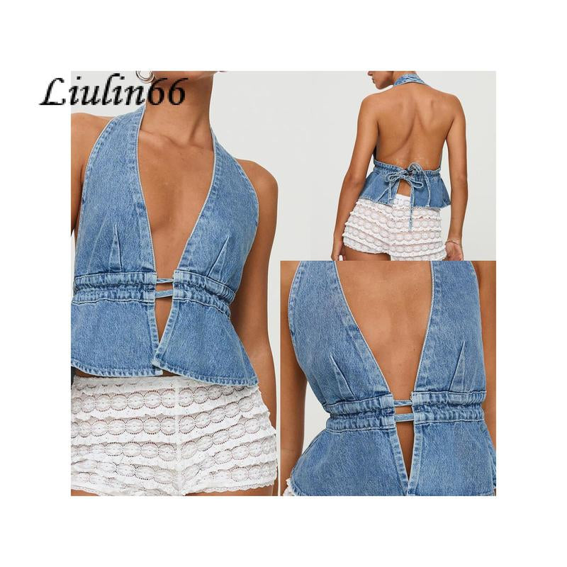 Chic Women's Halter Neck Top - Stylish Tie-Up Sleeveless Denim Vest for Summer Parties