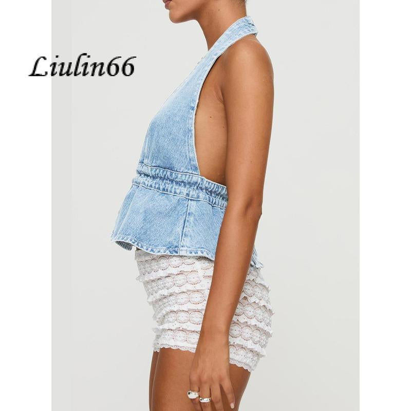 Chic Women's Halter Neck Top - Stylish Tie-Up Sleeveless Denim Vest for Summer Parties