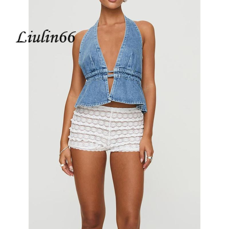 Chic Women's Halter Neck Top - Stylish Tie-Up Sleeveless Denim Vest for Summer Parties