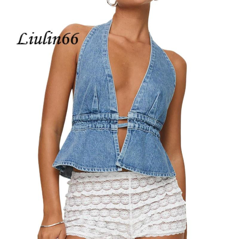 Chic Women's Halter Neck Top - Stylish Tie-Up Sleeveless Denim Vest for Summer Parties