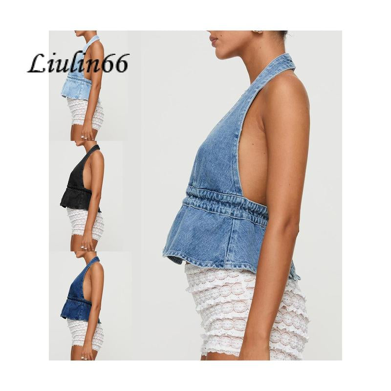Chic Women's Halter Neck Top - Stylish Tie-Up Sleeveless Denim Vest for Summer Parties