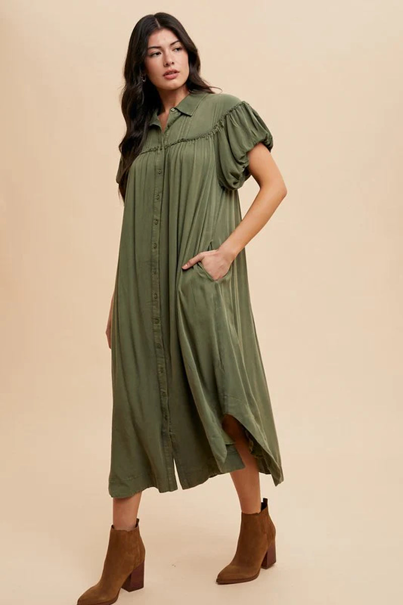 Annie Wear Stylish Mineral Washed Puff Sleeve Shirt Dress - The Perfect Blend of Comfort and Chic