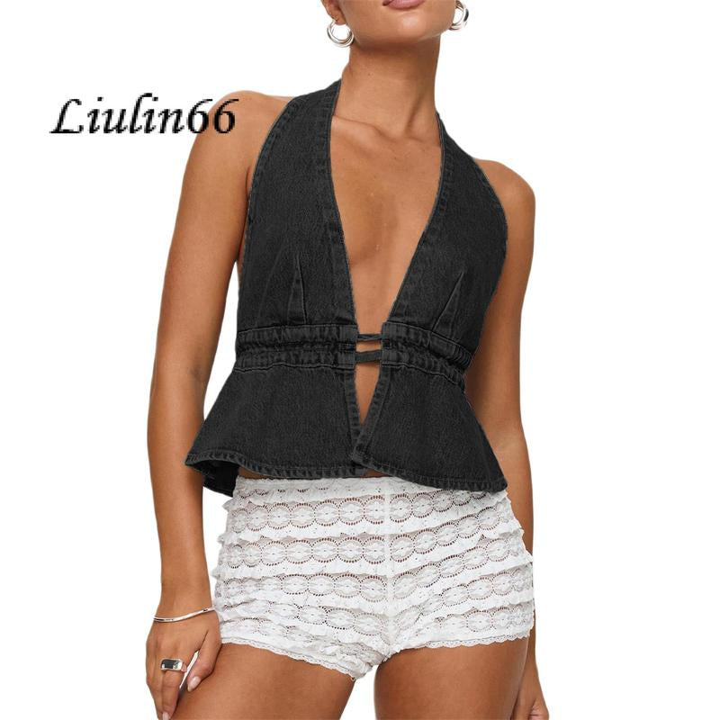 Chic Women's Halter Neck Top - Stylish Tie-Up Sleeveless Denim Vest for Summer Parties