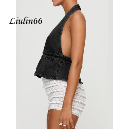 Chic Women's Halter Neck Top - Stylish Tie-Up Sleeveless Denim Vest for Summer Parties