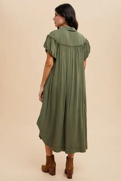 Annie Wear Stylish Mineral Washed Puff Sleeve Shirt Dress - The Perfect Blend of Comfort and Chic