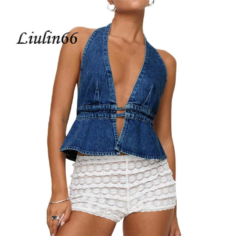 Chic Women's Halter Neck Top - Stylish Tie-Up Sleeveless Denim Vest for Summer Parties