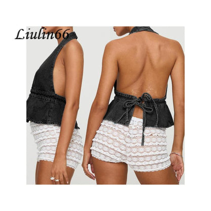 Chic Women's Halter Neck Top - Stylish Tie-Up Sleeveless Denim Vest for Summer Parties