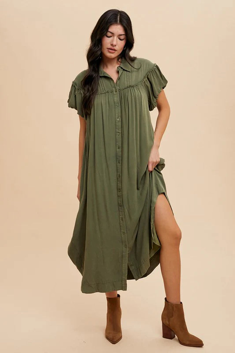 Annie Wear Stylish Mineral Washed Puff Sleeve Shirt Dress - The Perfect Blend of Comfort and Chic
