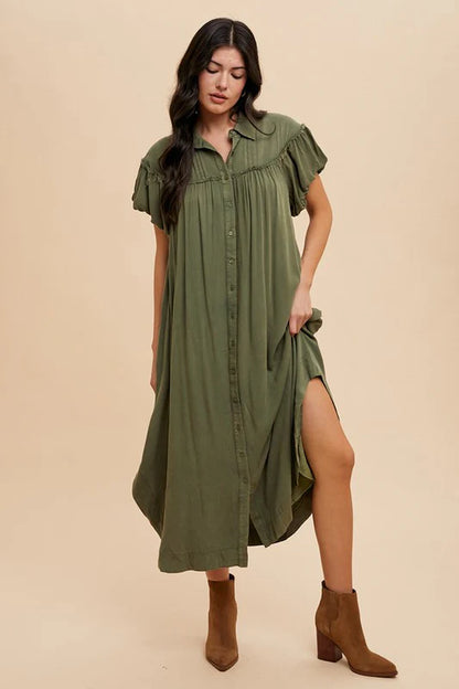 Annie Wear Stylish Mineral Washed Puff Sleeve Shirt Dress - The Perfect Blend of Comfort and Chic